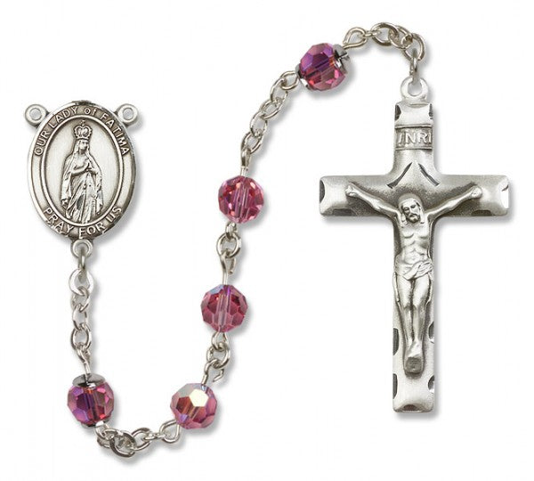 Our Lady of Fatima Sterling Silver Rosary, Austrian Crystal & Squared Crucifix