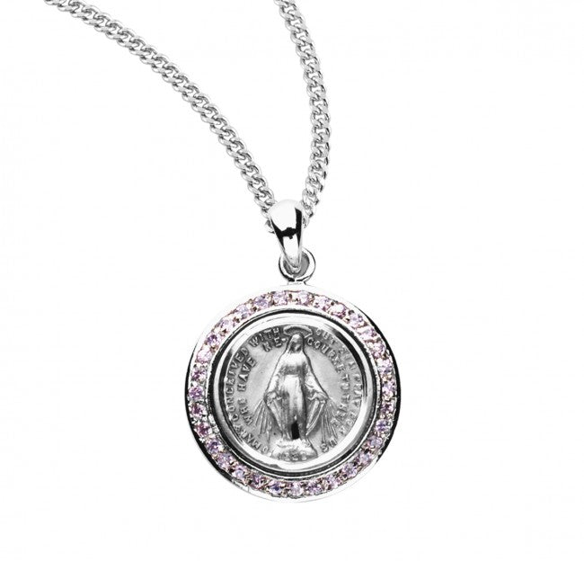 Round Miraculous Medal with Clear Crystals