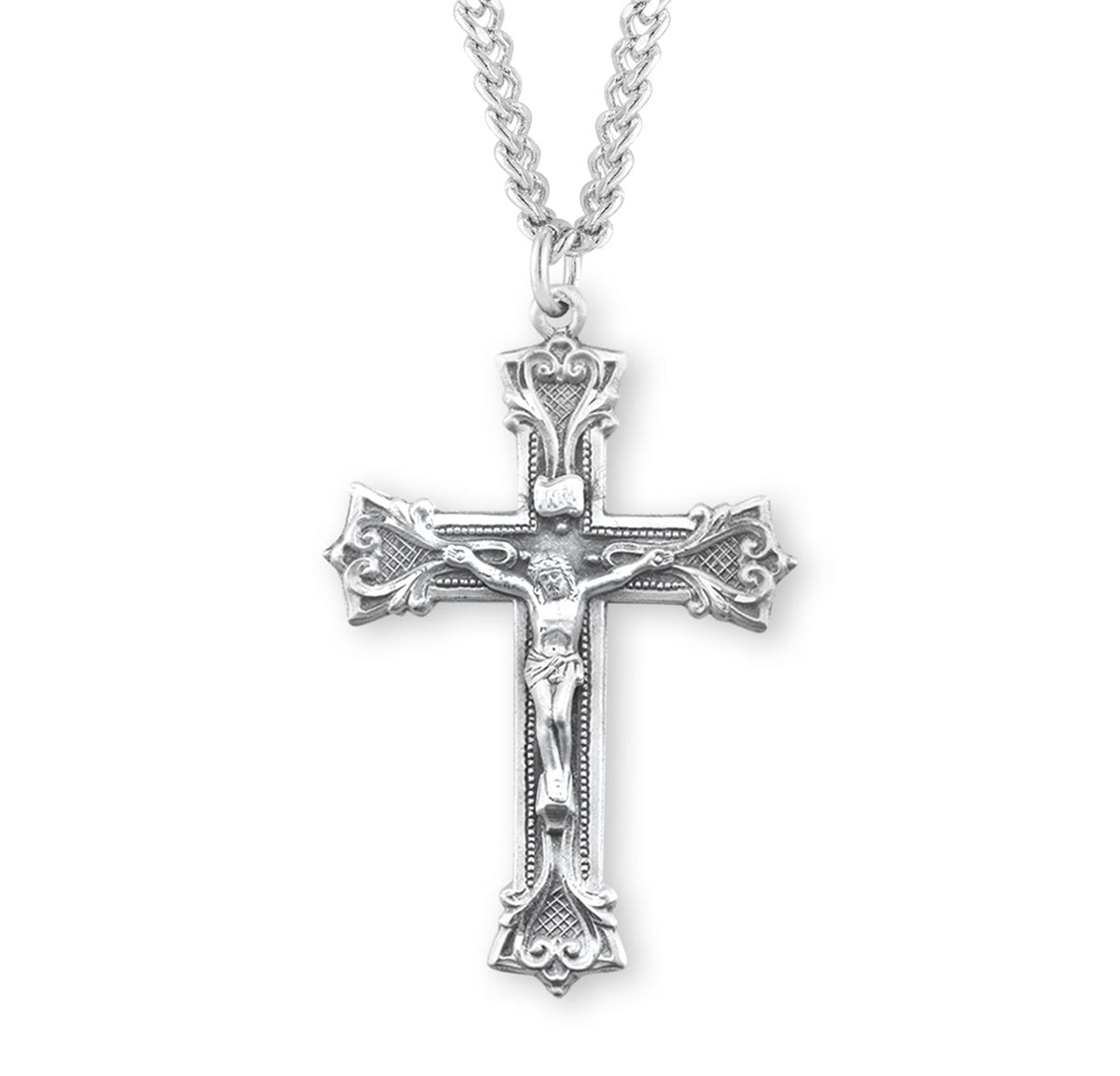 Gothic Scroll Crucifix Necklace, Sterling Silver