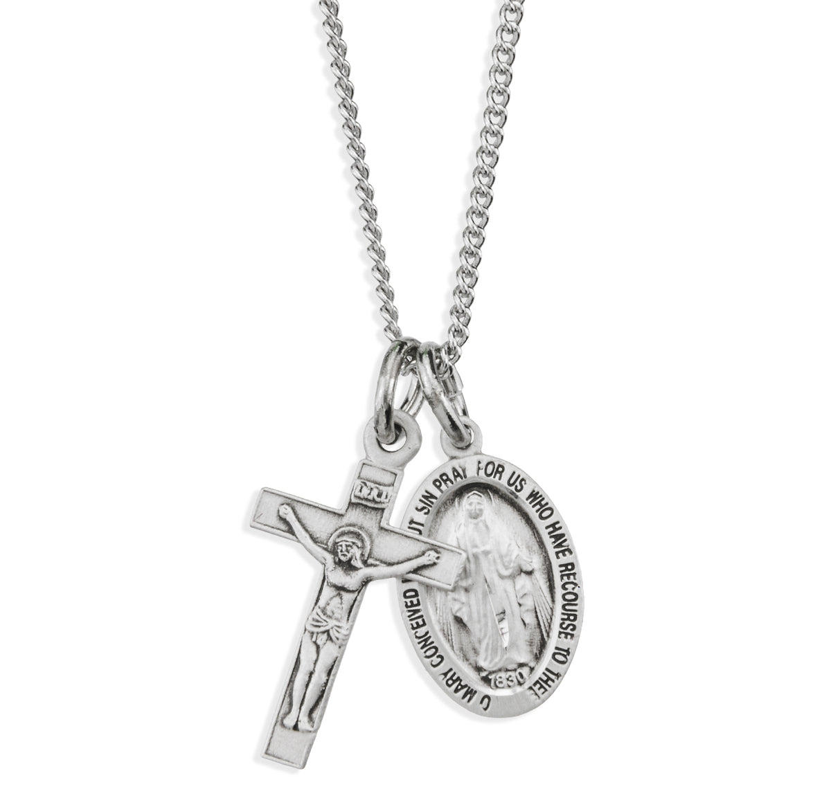 Miraculous Medal and Small Crucifix Necklace, Sterling Silver