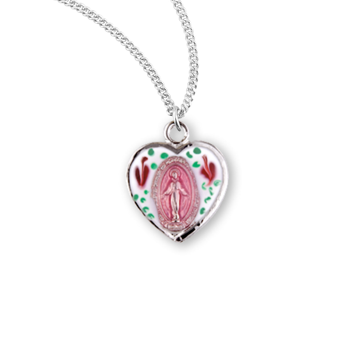 Enameled Pink Heart Miraculous Medal Necklace, Sterling Silver