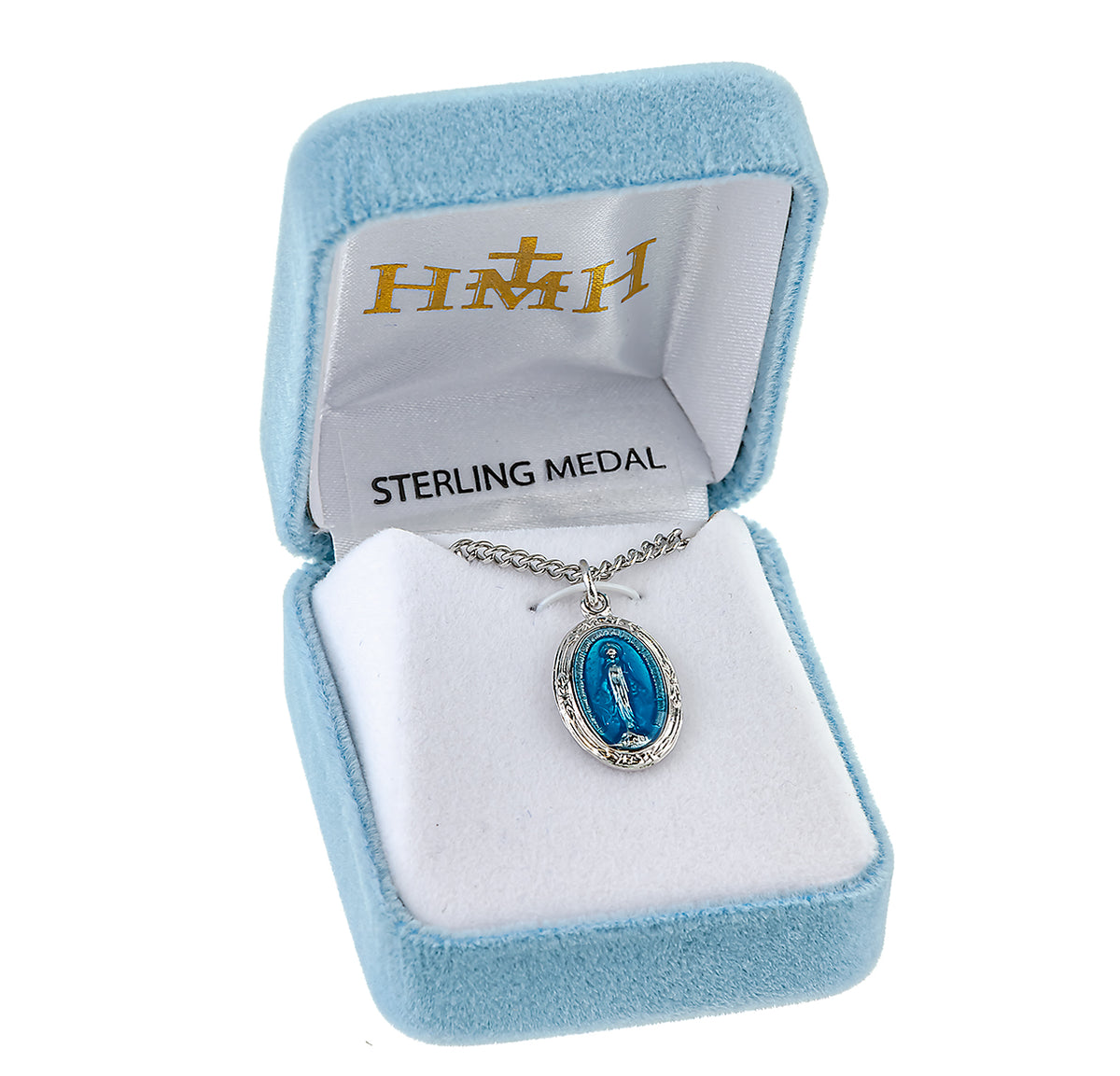 Oval Blue Miraculous Medal Necklace, Sterling Silver