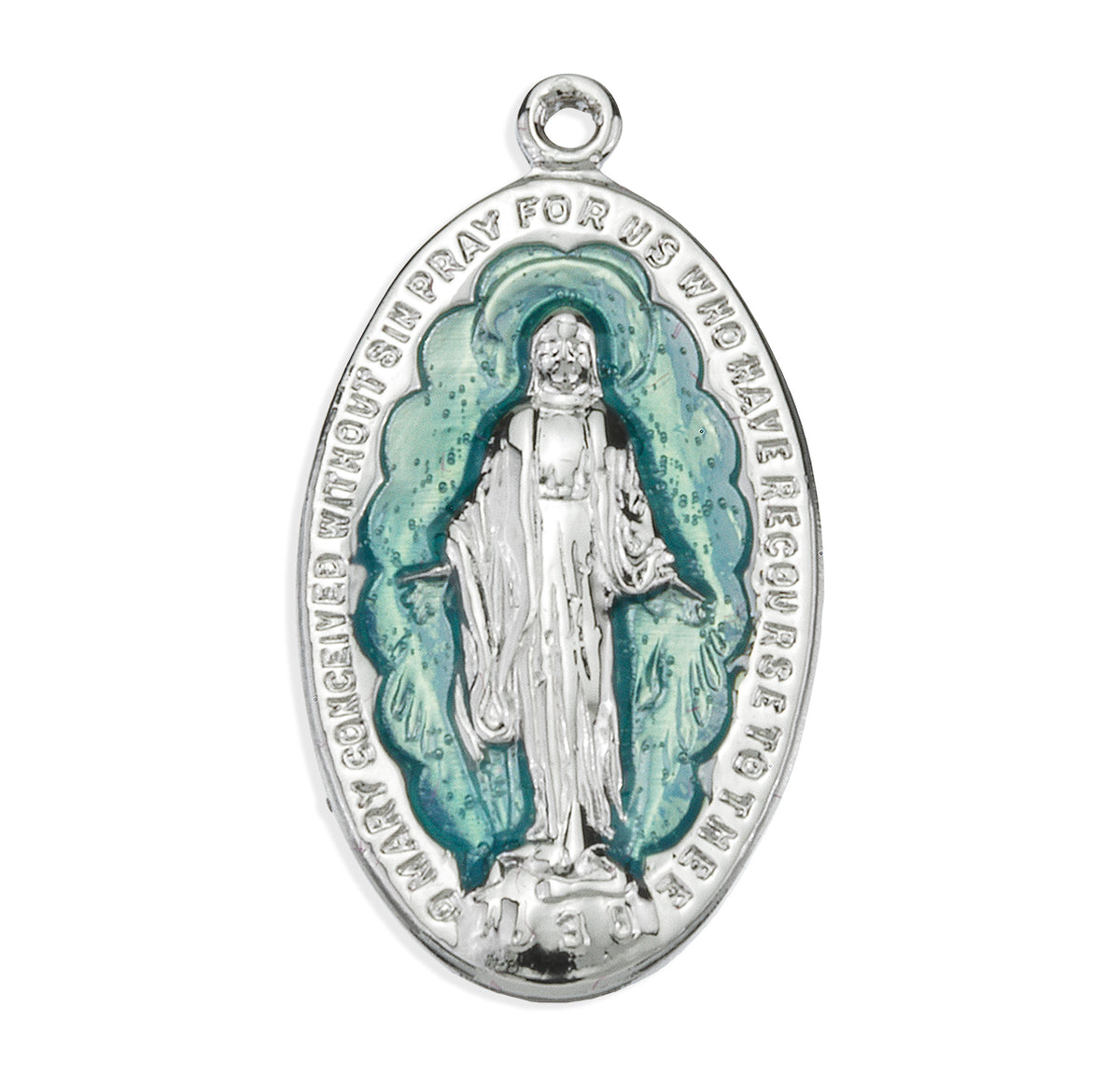Light Blue Enameled Miraculous Medal Necklace, Sterling Silver
