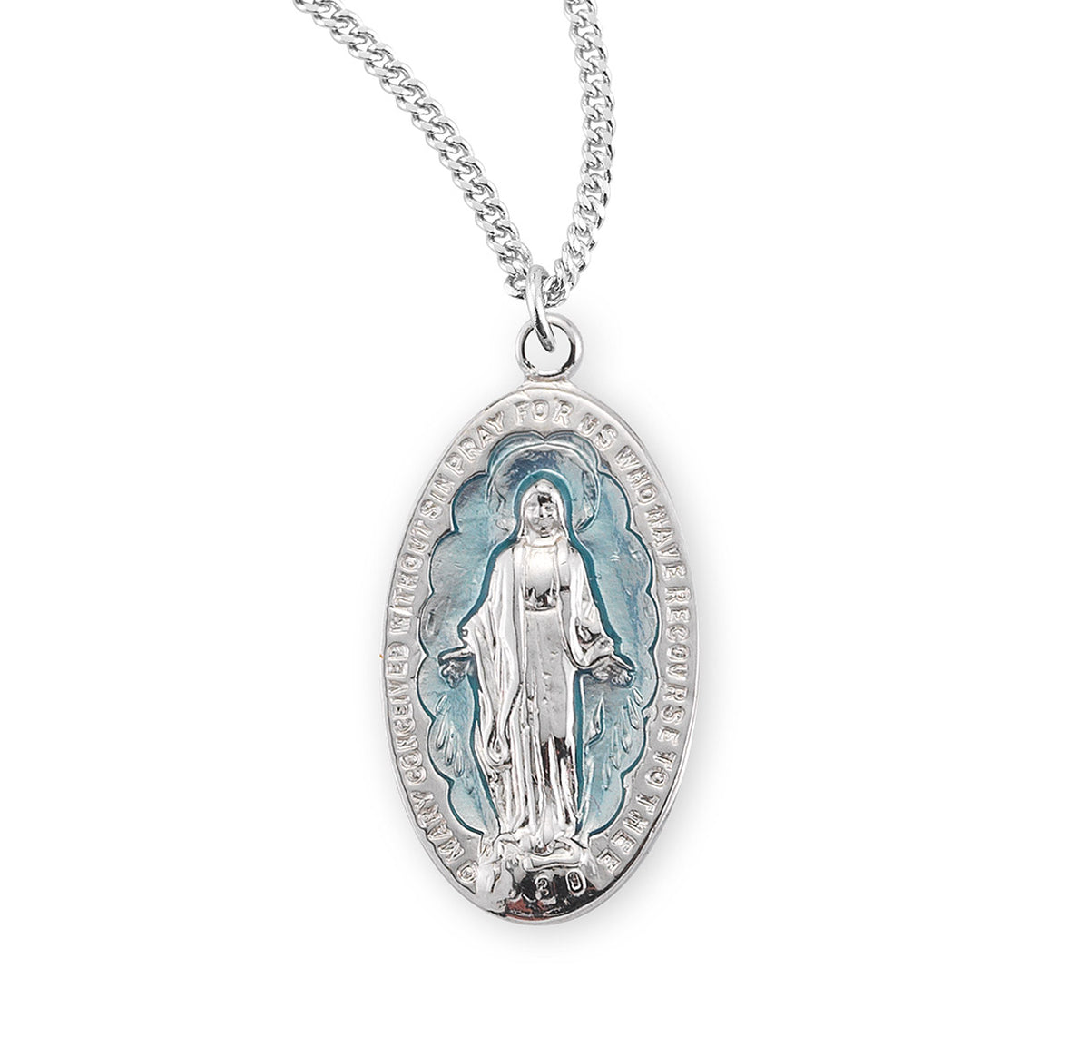 Light Blue Enameled Miraculous Medal Necklace, Sterling Silver