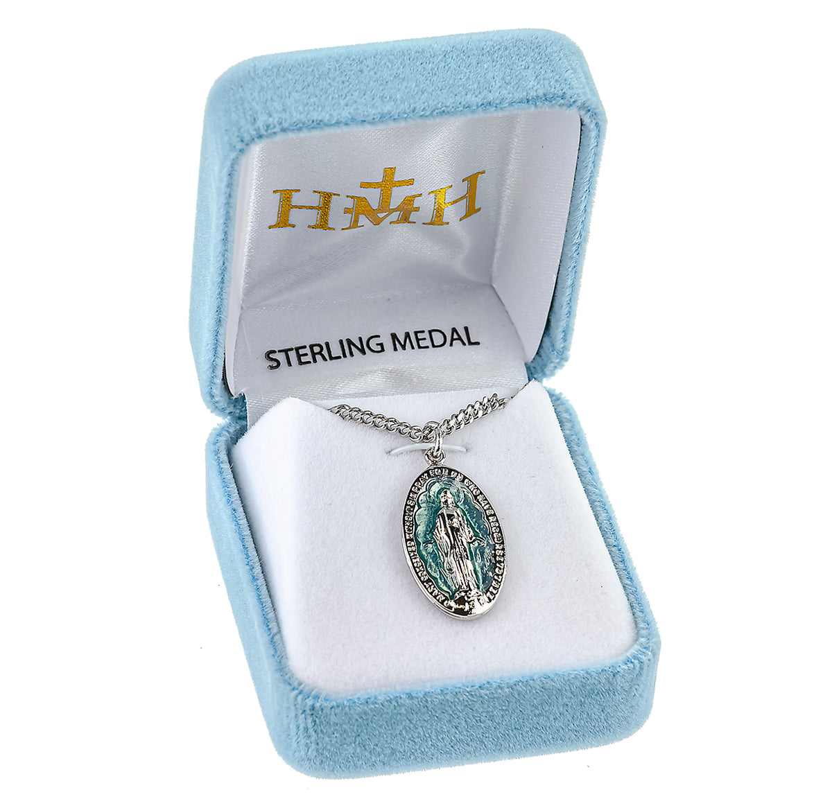 Light Blue Enameled Miraculous Medal Necklace, Sterling Silver