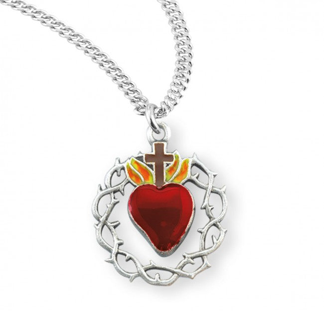 Red Enamel Sacred Heart of Jesus Sterling Silver Medal