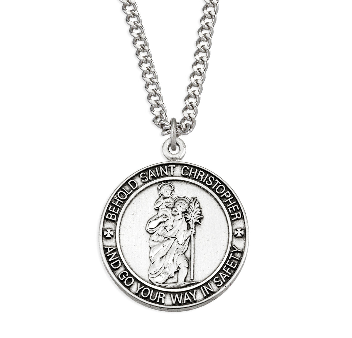 Bordered Saint Christopher Pendant Necklace, Sterling Silver