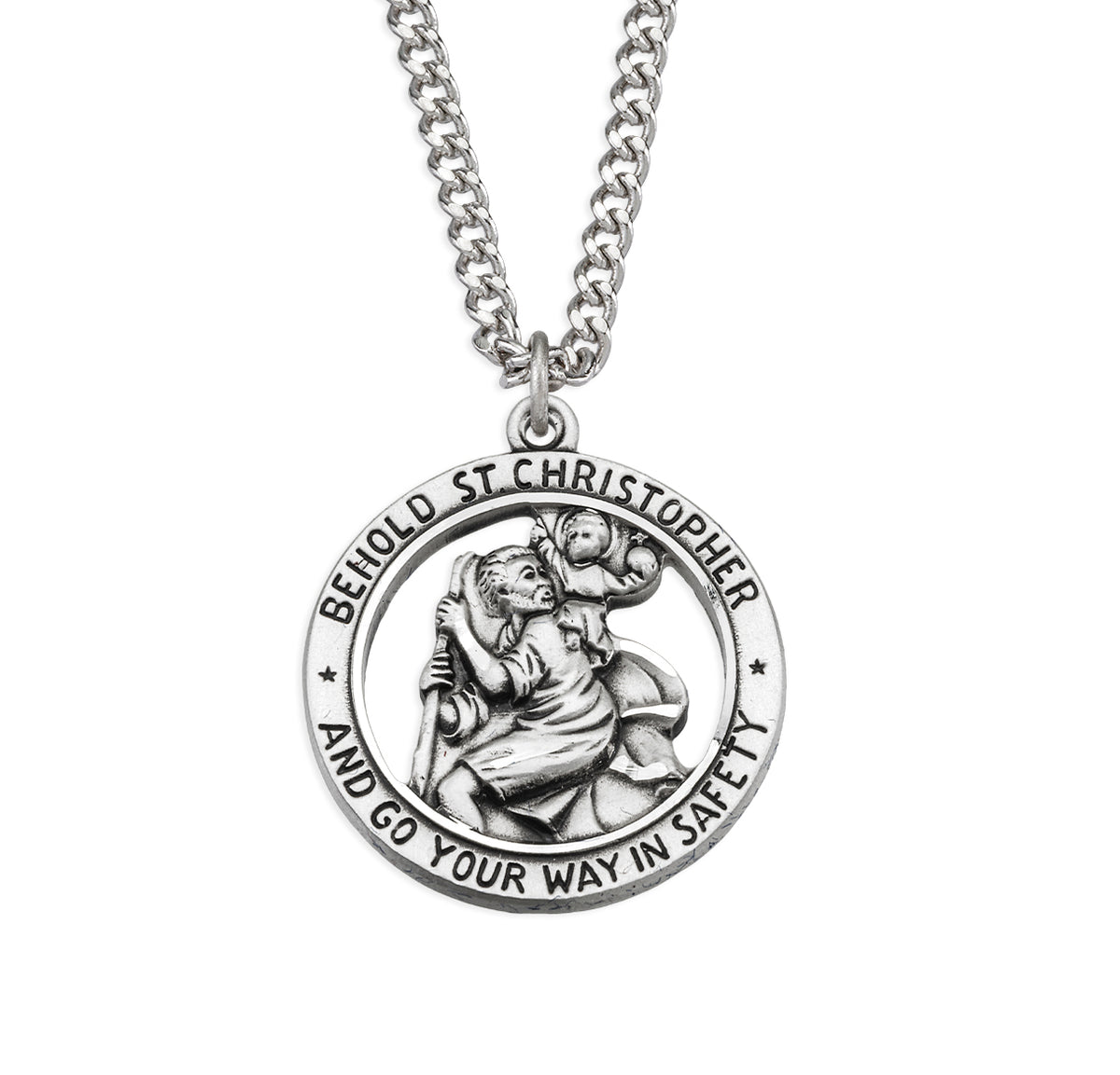 Open Cut-Out Saint Christopher Round Medal Necklace, Sterling Silver