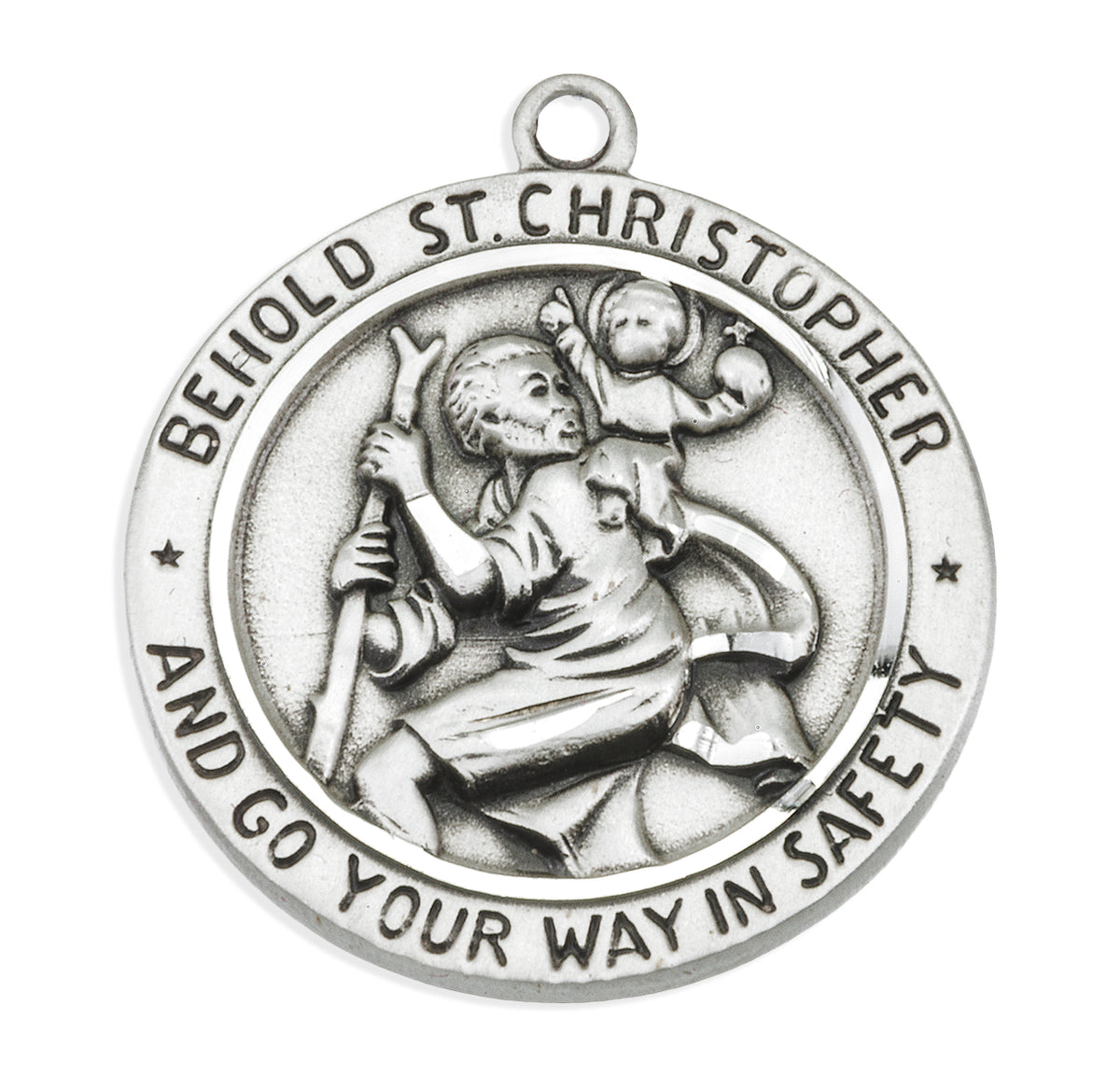 High Relief Saint Christopher Round Medal Necklace, Sterling Silver