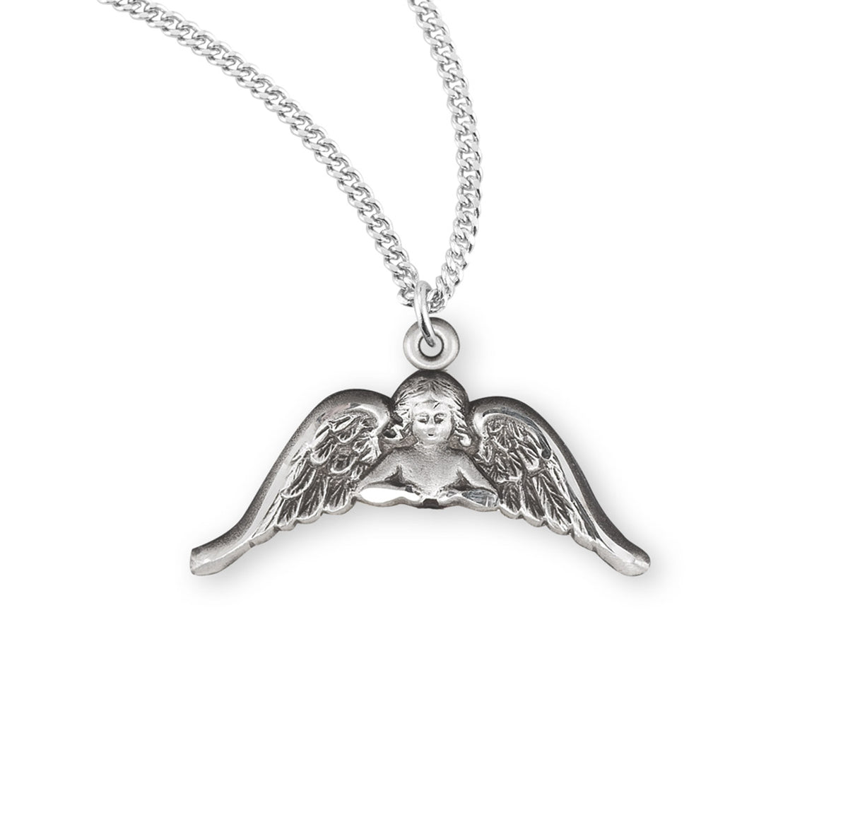 Winged Angel Medal Necklace, Sterling Silver