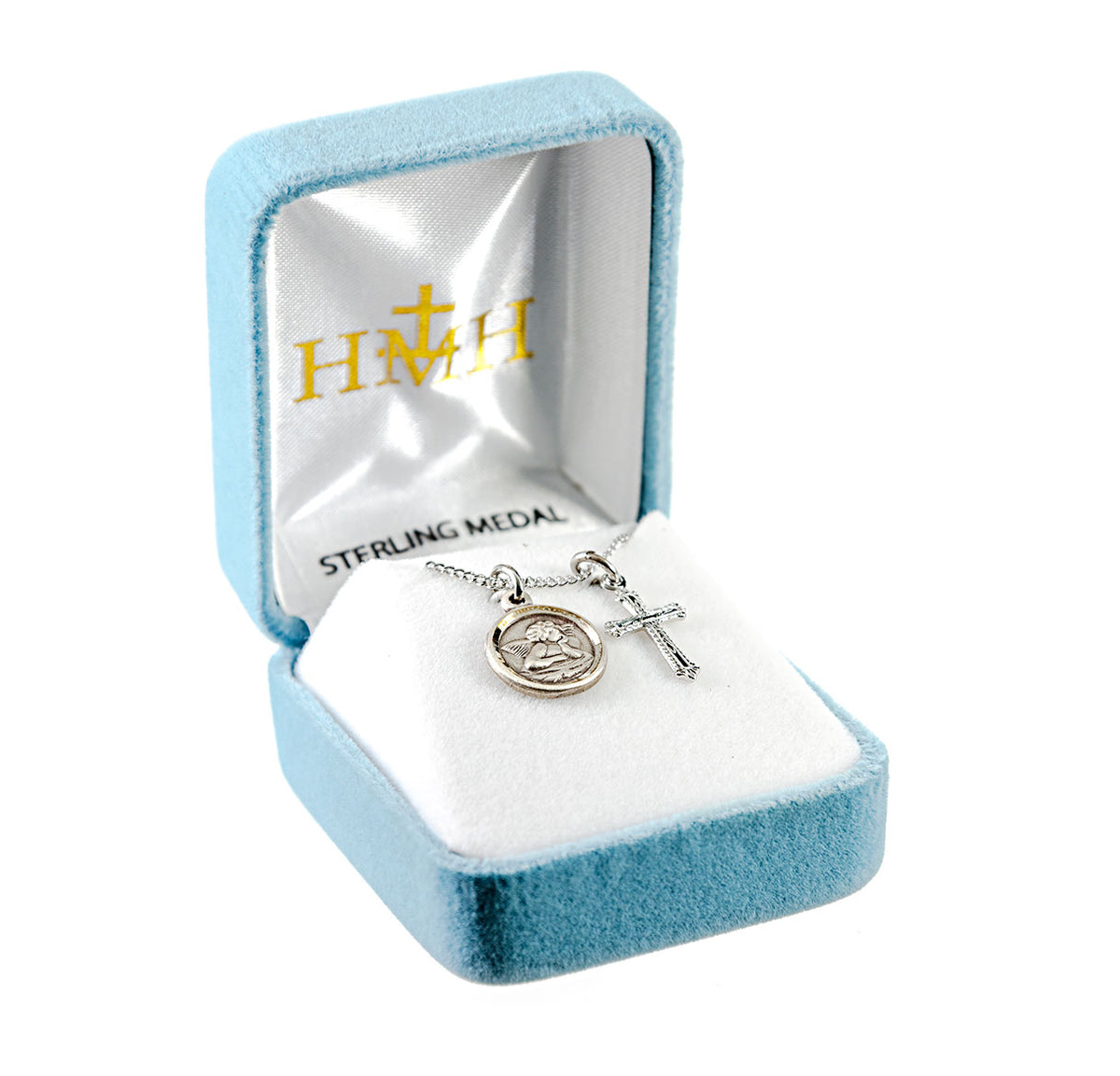 Cherub Medal and Small Cross Necklace, Sterling Silver