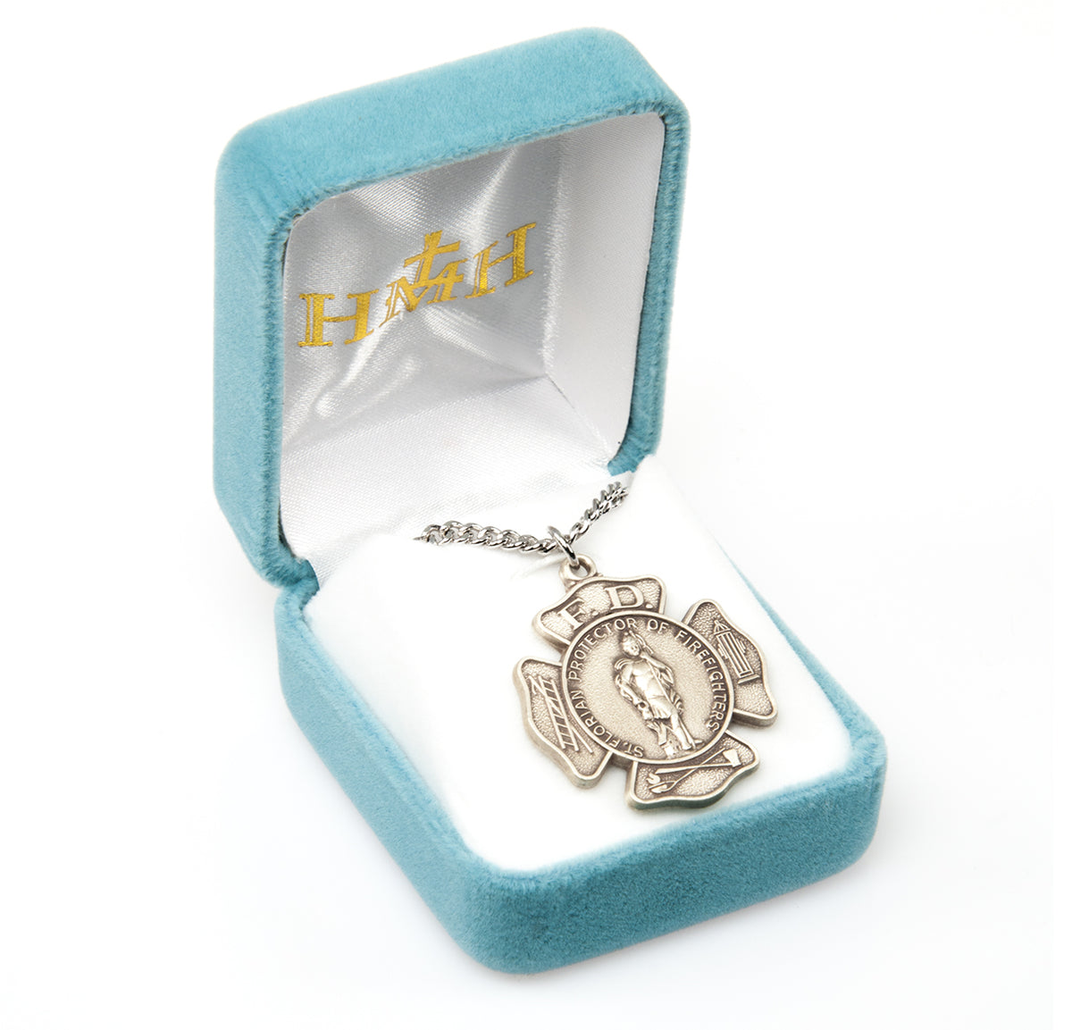 Large Saint Florian Firefighters Medal Necklace, Sterling Silver