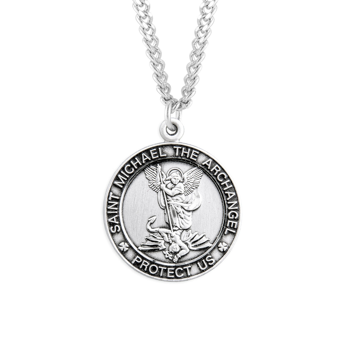 Large Saint Michael Medal Necklace, Sterling Silver