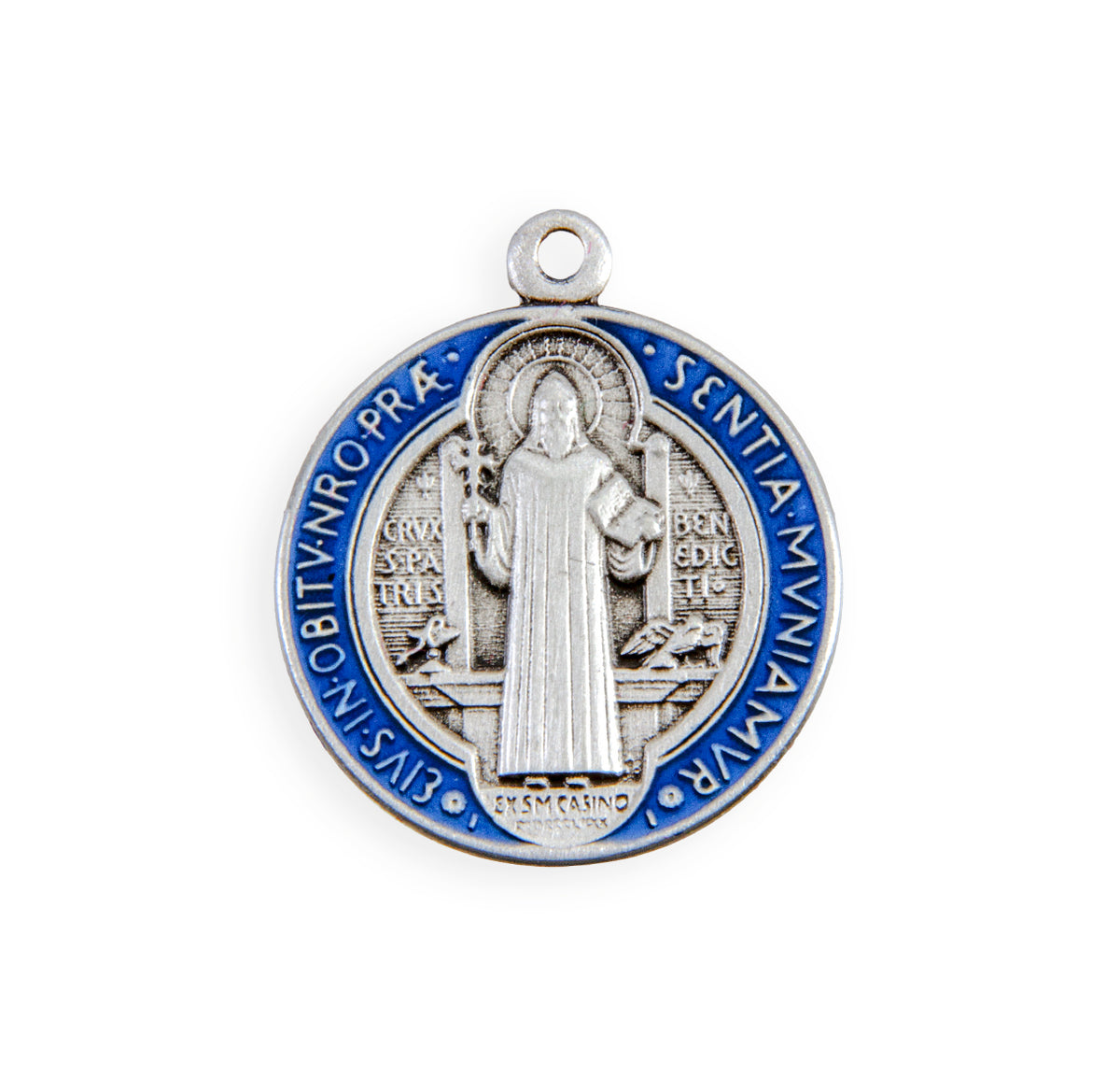 Medium Double-Sided Saint Benedict Round Blue and Red Enameled Jubilee Medal Necklace, Sterling Silver