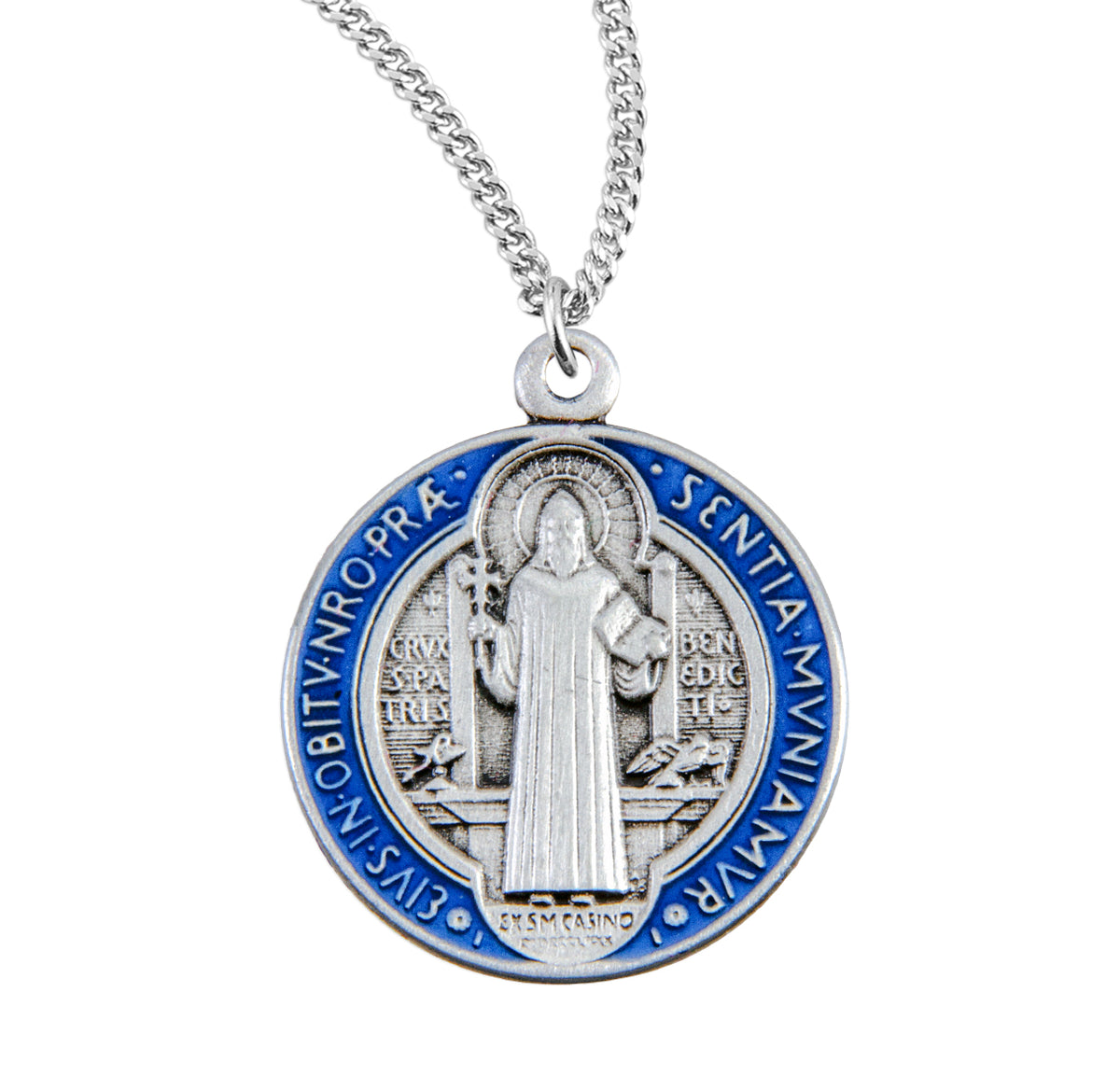 Medium Double-Sided Saint Benedict Round Blue and Red Enameled Jubilee Medal Necklace, Sterling Silver