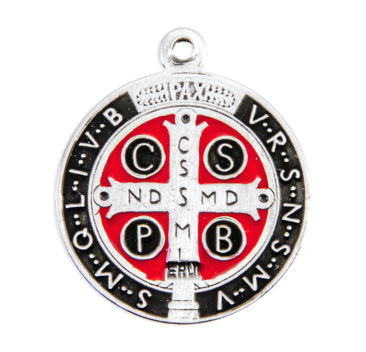Saint Benedict Pendant Necklace with Black and Red Enamel, Sterling Silver