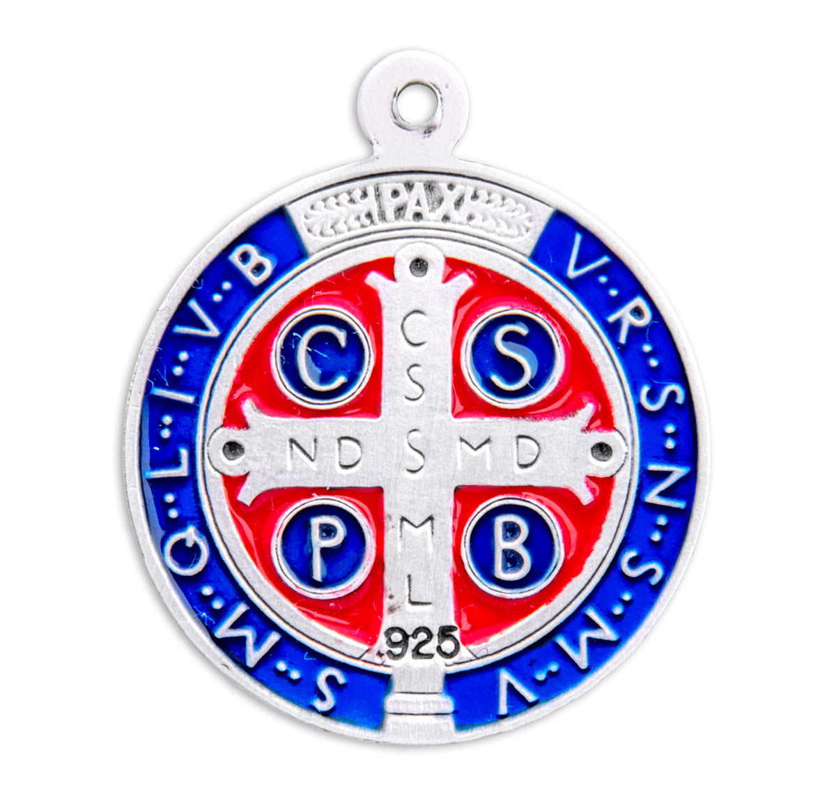 Large Double-Sided Saint Benedict Round Blue and Red Enameled Jubilee Medal Necklace, Sterling Silver
