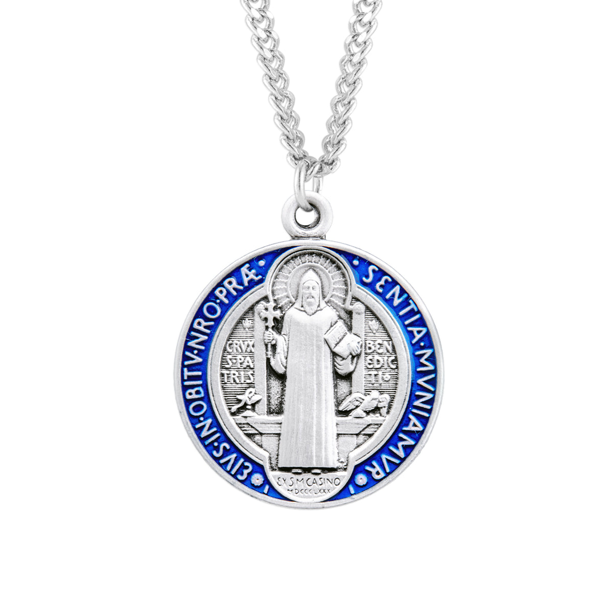 Large Double-Sided Saint Benedict Round Blue and Red Enameled Jubilee Medal Necklace, Sterling Silver