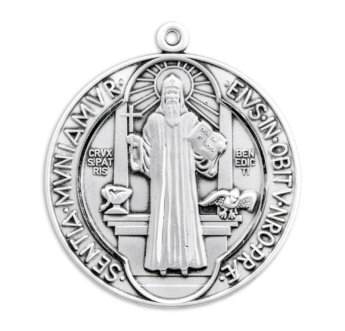 Lightweight Extra Large Double-Sided Saint Benedict Round Jubilee Medal Necklace, Sterling Silver