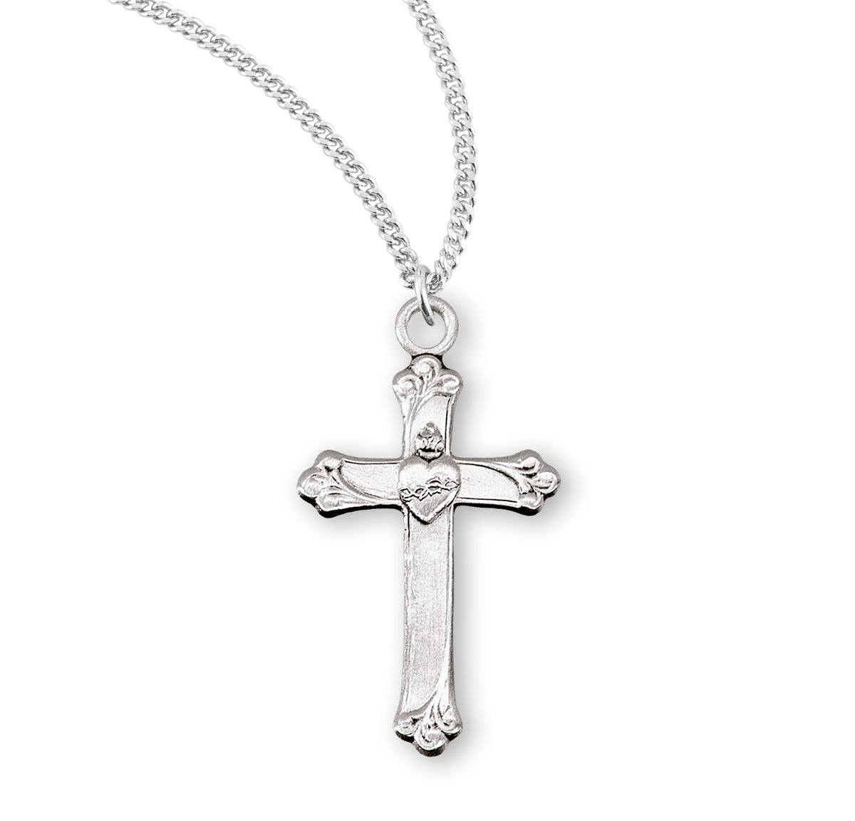 Sacred Heart Cross Necklace, Sterling Silver
