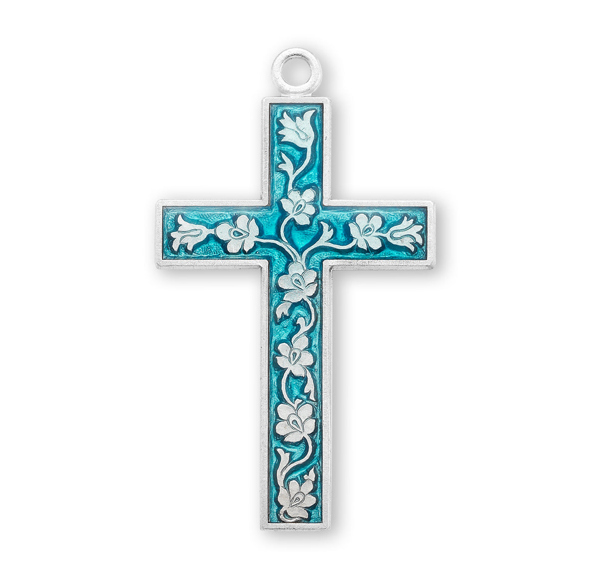 Floral Blue Enameled Cross Necklace, Sterling Silver