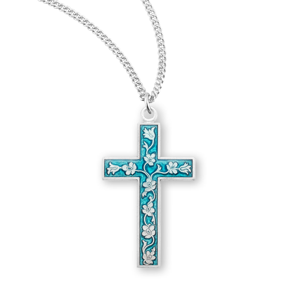 Floral Blue Enameled Cross Necklace, Sterling Silver