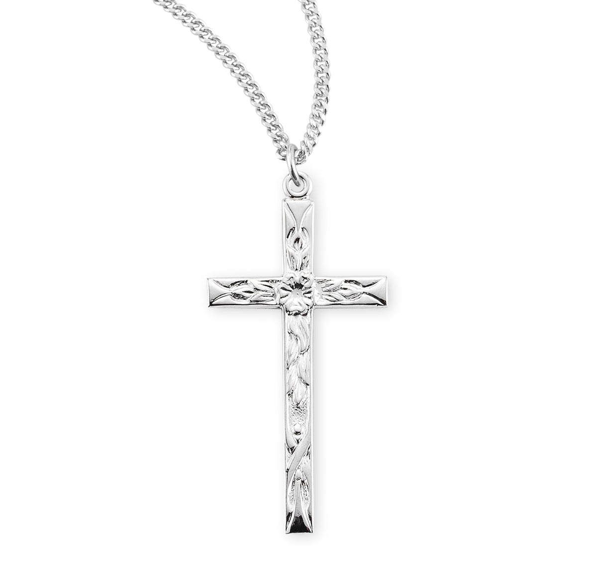 Long Etched Cross Necklace, Sterling Silver