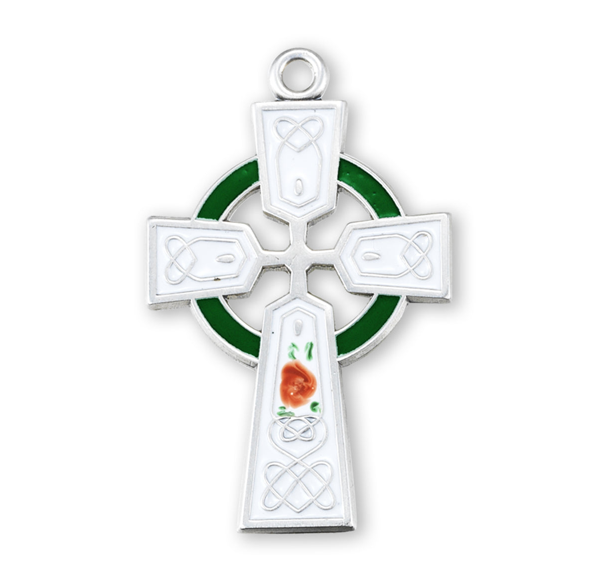 White Enameled Irish Celtic Cross Necklace, Sterling Silver