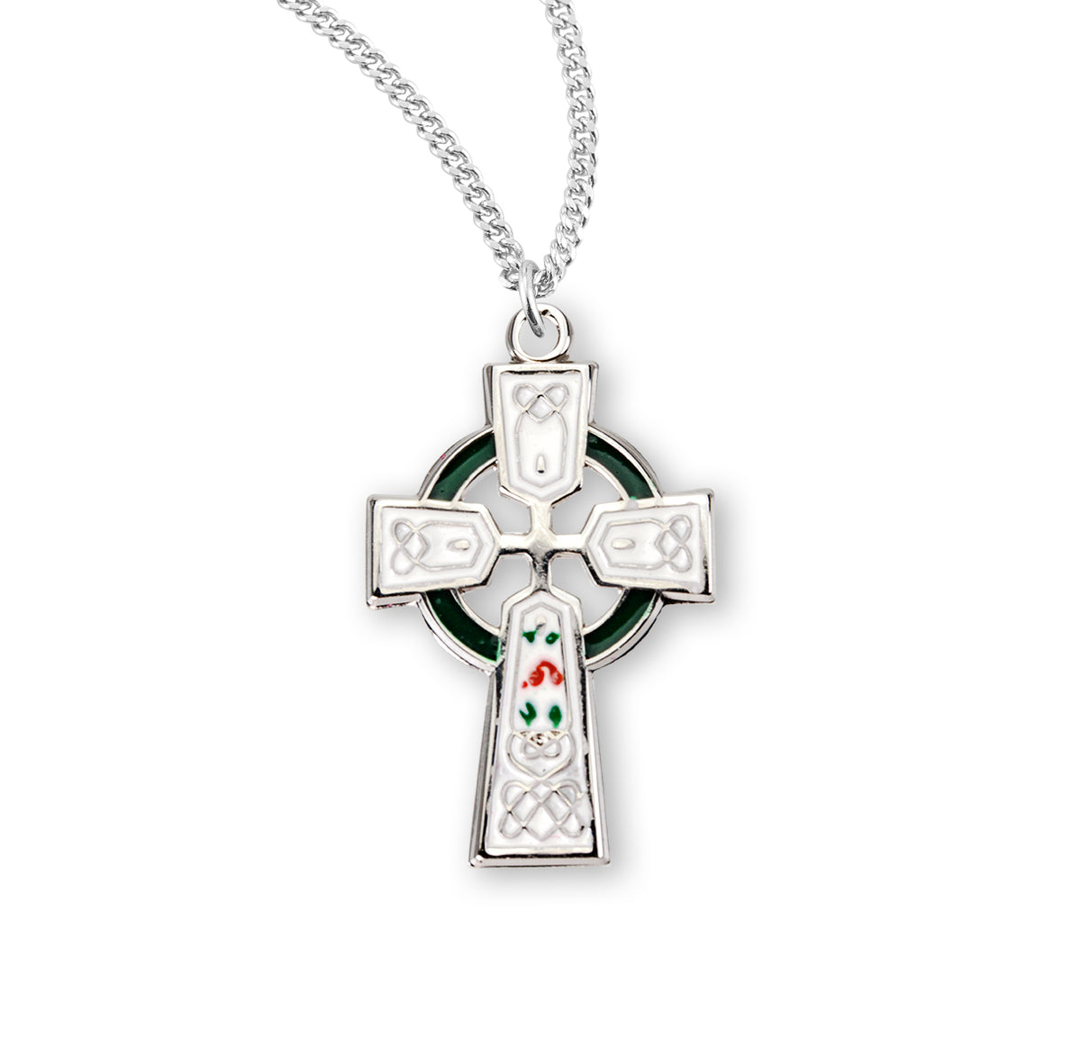 White Enameled Irish Celtic Cross Necklace, Sterling Silver