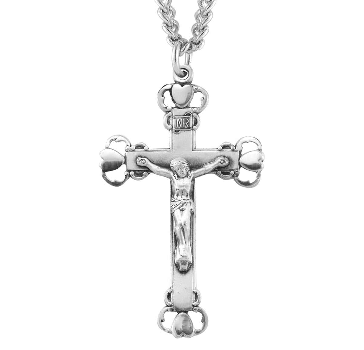 Heart Tipped Crucifix Necklace, Sterling Silver