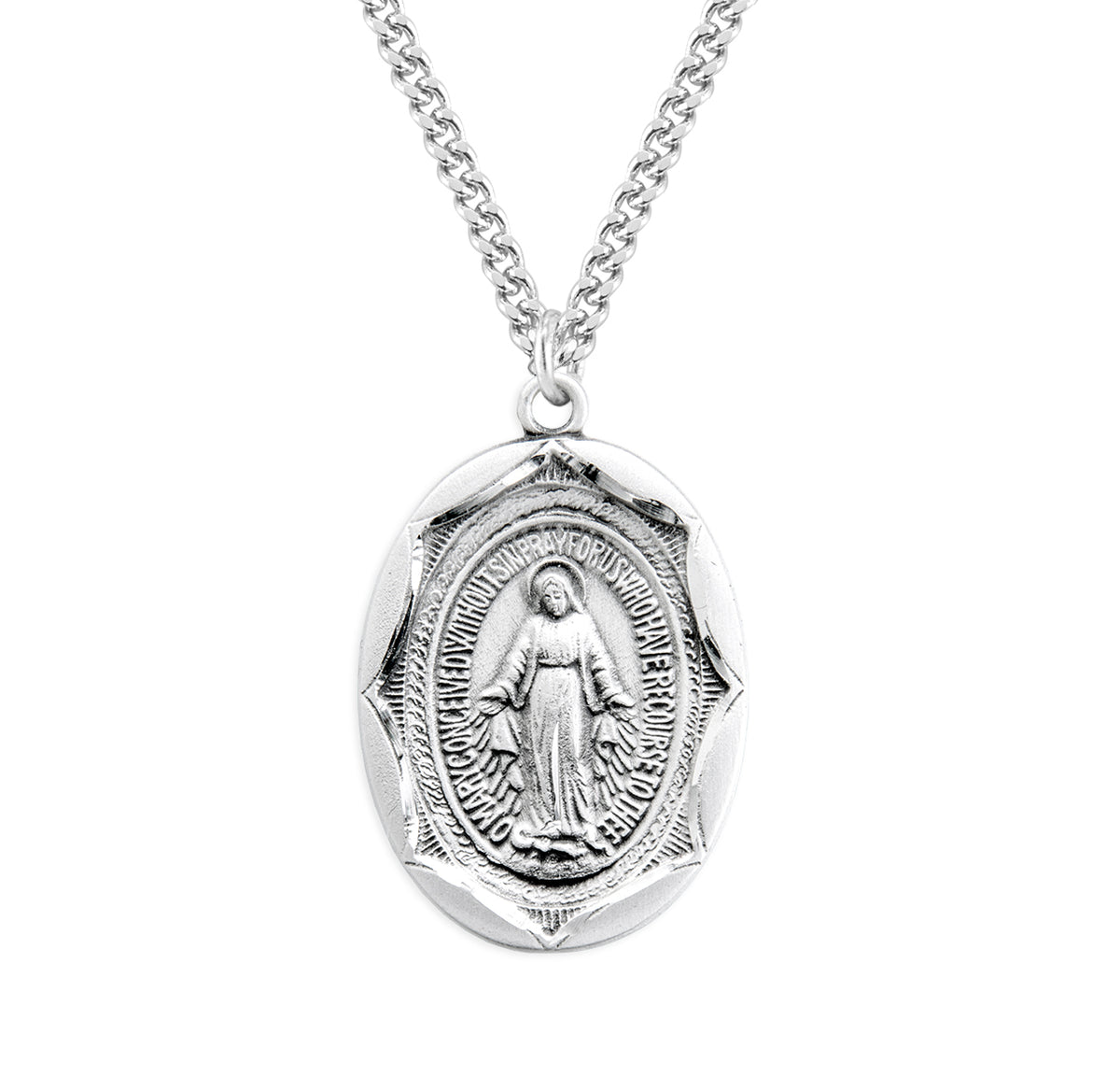 Large Double-Sided Oval Miraculous Medal Necklace, Sterling Silver