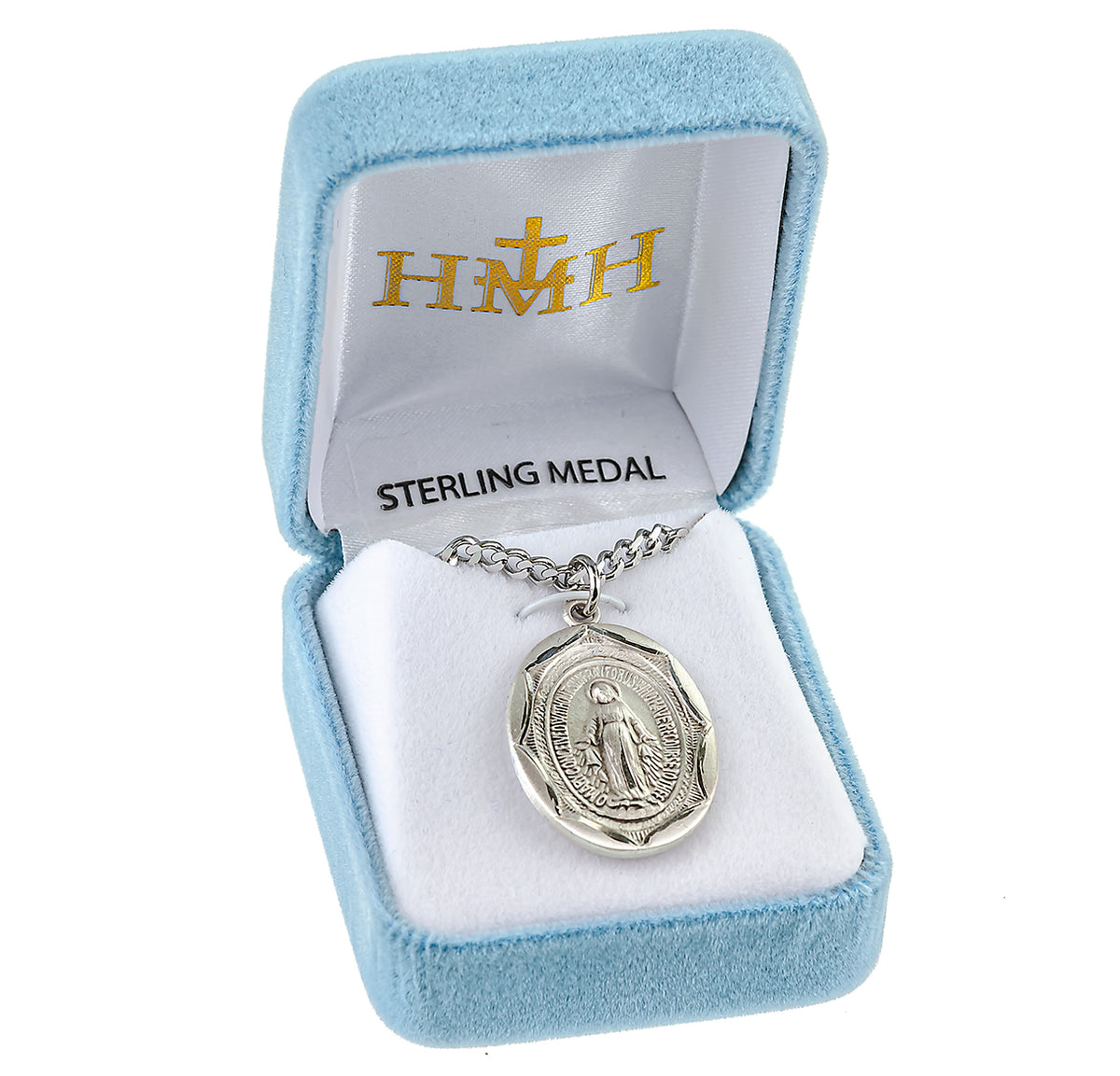 Large Double-Sided Oval Miraculous Medal Necklace, Sterling Silver