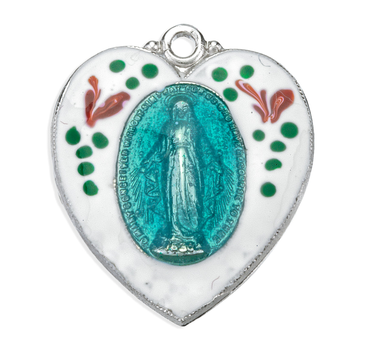 Blue Flower Enameled Heart Miraculous Medal Necklace, Sterling Silver