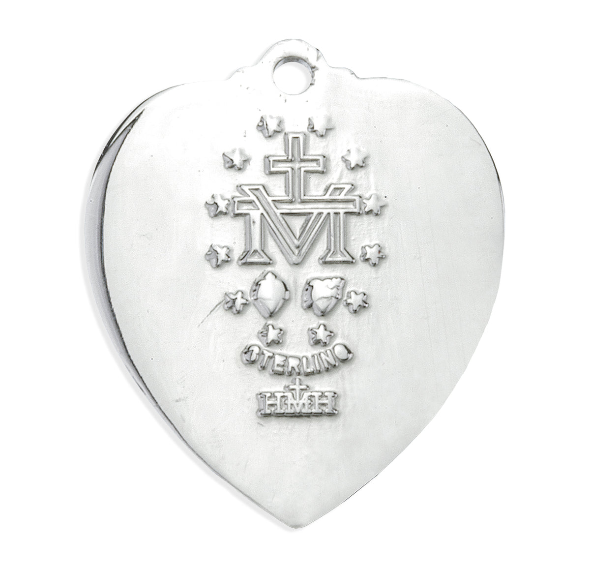 Blue Flower Enameled Heart Miraculous Medal Necklace, Sterling Silver