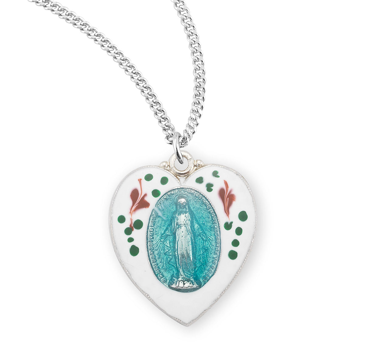 Blue Flower Enameled Heart Miraculous Medal Necklace, Sterling Silver