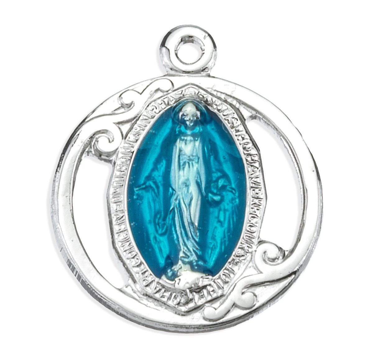 Fancy Blue Enameled Miraculous Medal Necklace, Sterling Silver