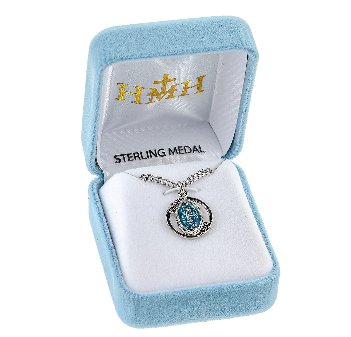 Fancy Blue Enameled Miraculous Medal Necklace, Sterling Silver