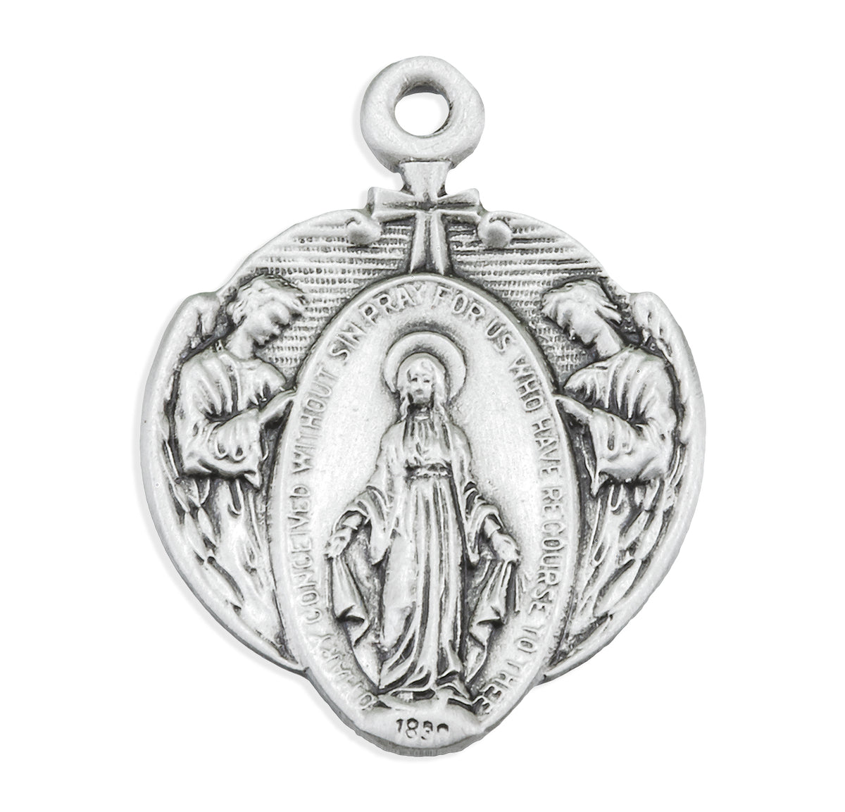 Miraculous Medal Necklace with Angel Border, Sterling Silver