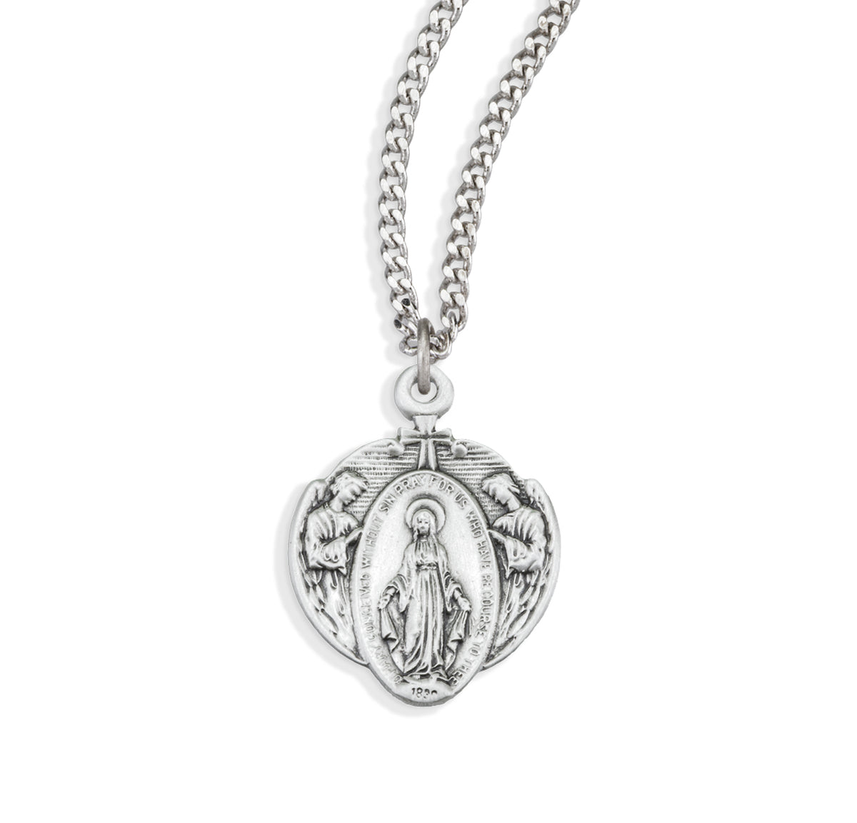 Miraculous Medal Necklace with Angel Border, Sterling Silver