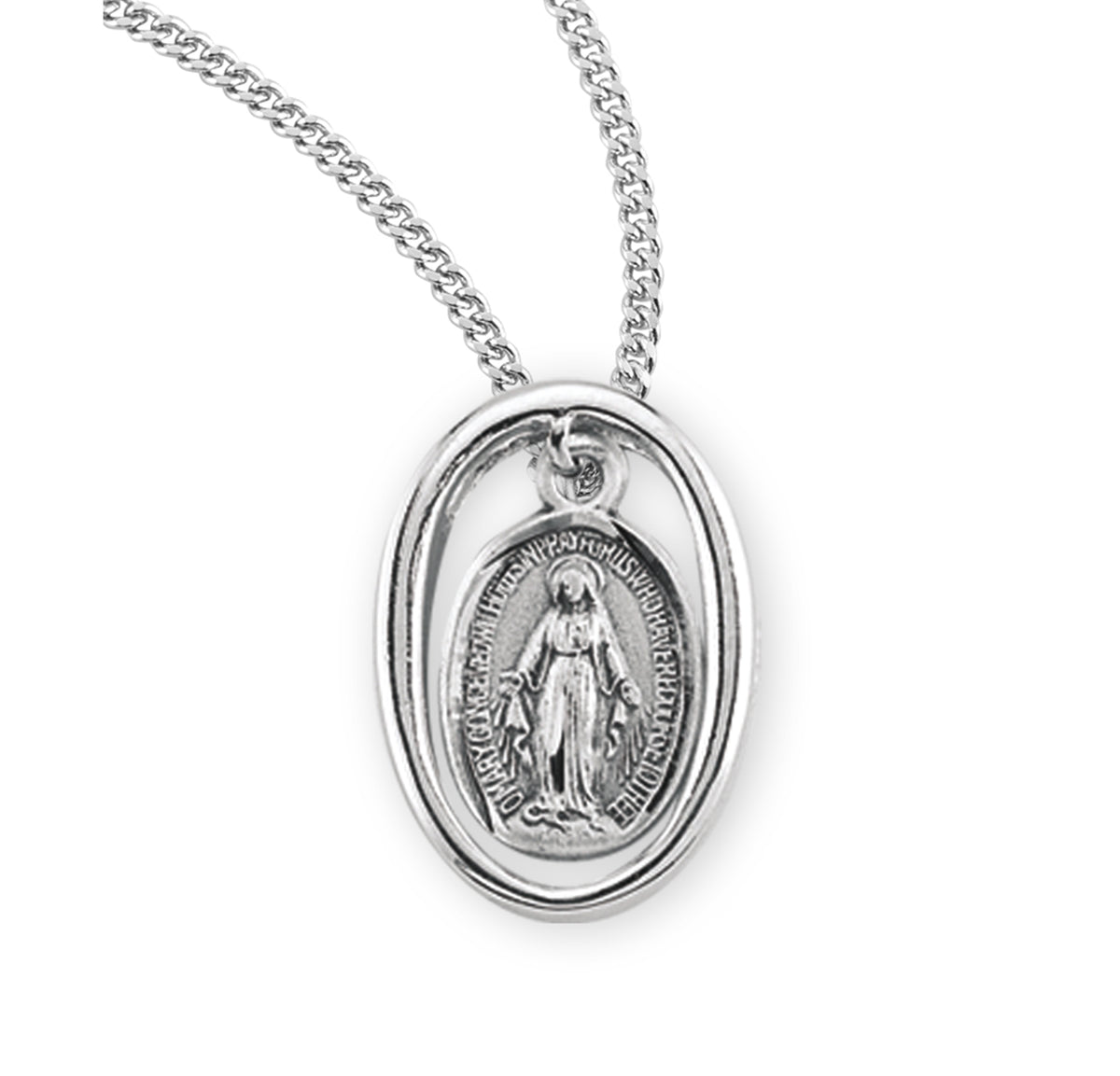 Heavy Small Double-Sided Oval Miraculous Medal Necklace, Sterling Silver
