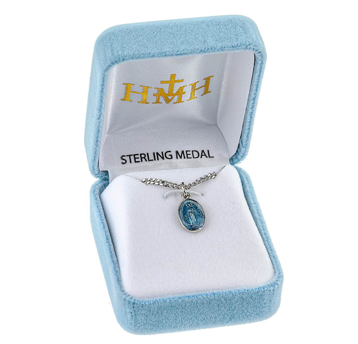 Petite Double-Sided Oval Blue Enameled Miraculous Medal Necklace, Sterling Silver