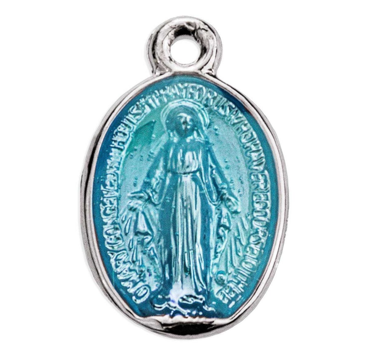 Petite Double-Sided Oval Blue Enameled Miraculous Medal Necklace, Sterling Silver