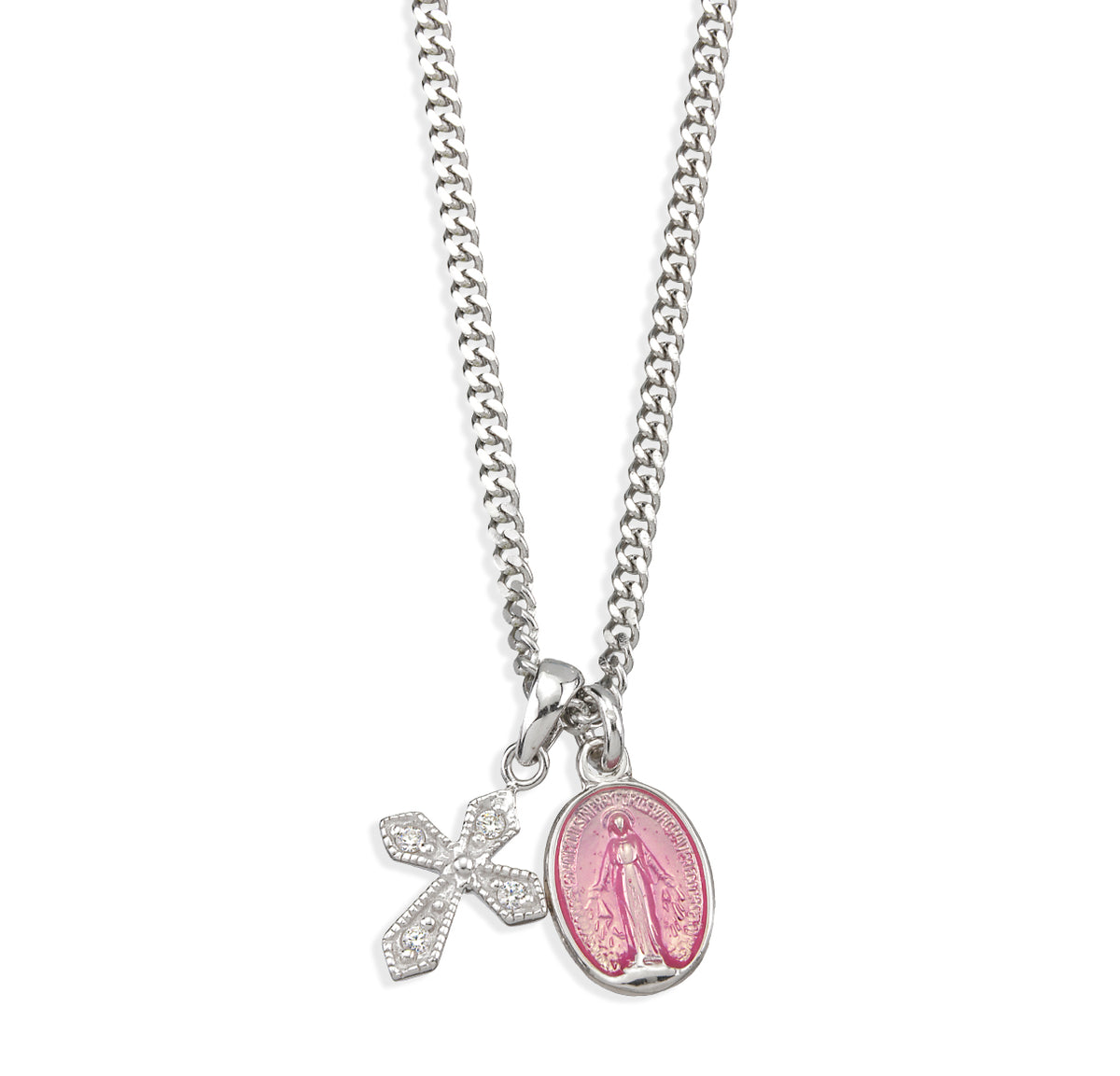 Pink Enamel Miraculous Medal and Small Cross Necklace, Sterling Silver