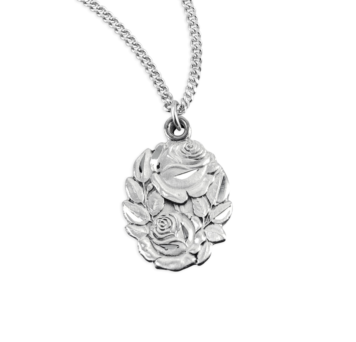 Double Slide Rose Bud Miraculous Medal Necklace, Sterling Silver