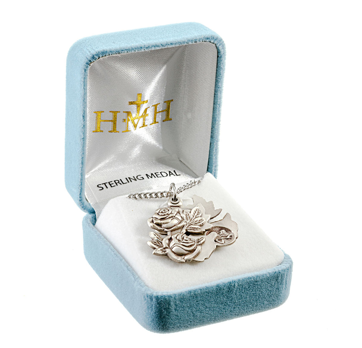 Double Rose Bud Triple Slide Medal Necklace, Sterling Silver