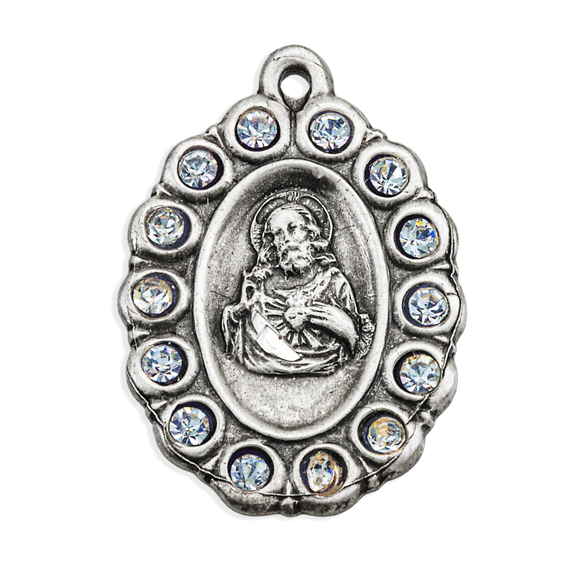 Scapular Medal Necklace with Clear Crystals, Sterling Silver