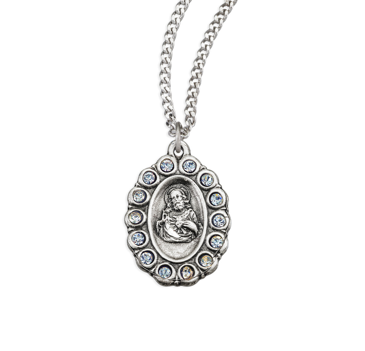 Scapular Medal Necklace with Clear Crystals, Sterling Silver