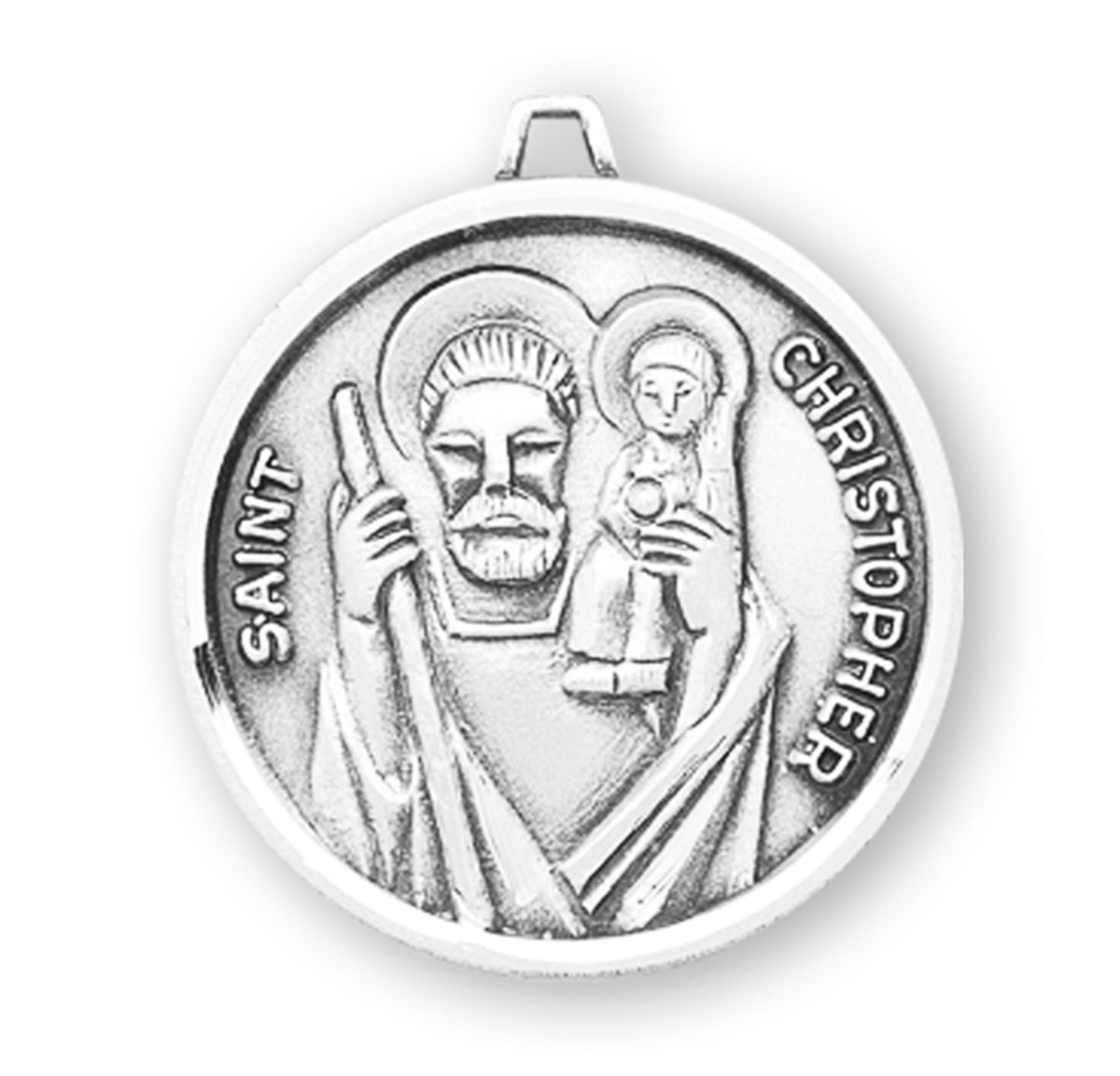 Saint Christopher Name Banner Round Medal Necklace, Sterling Silver