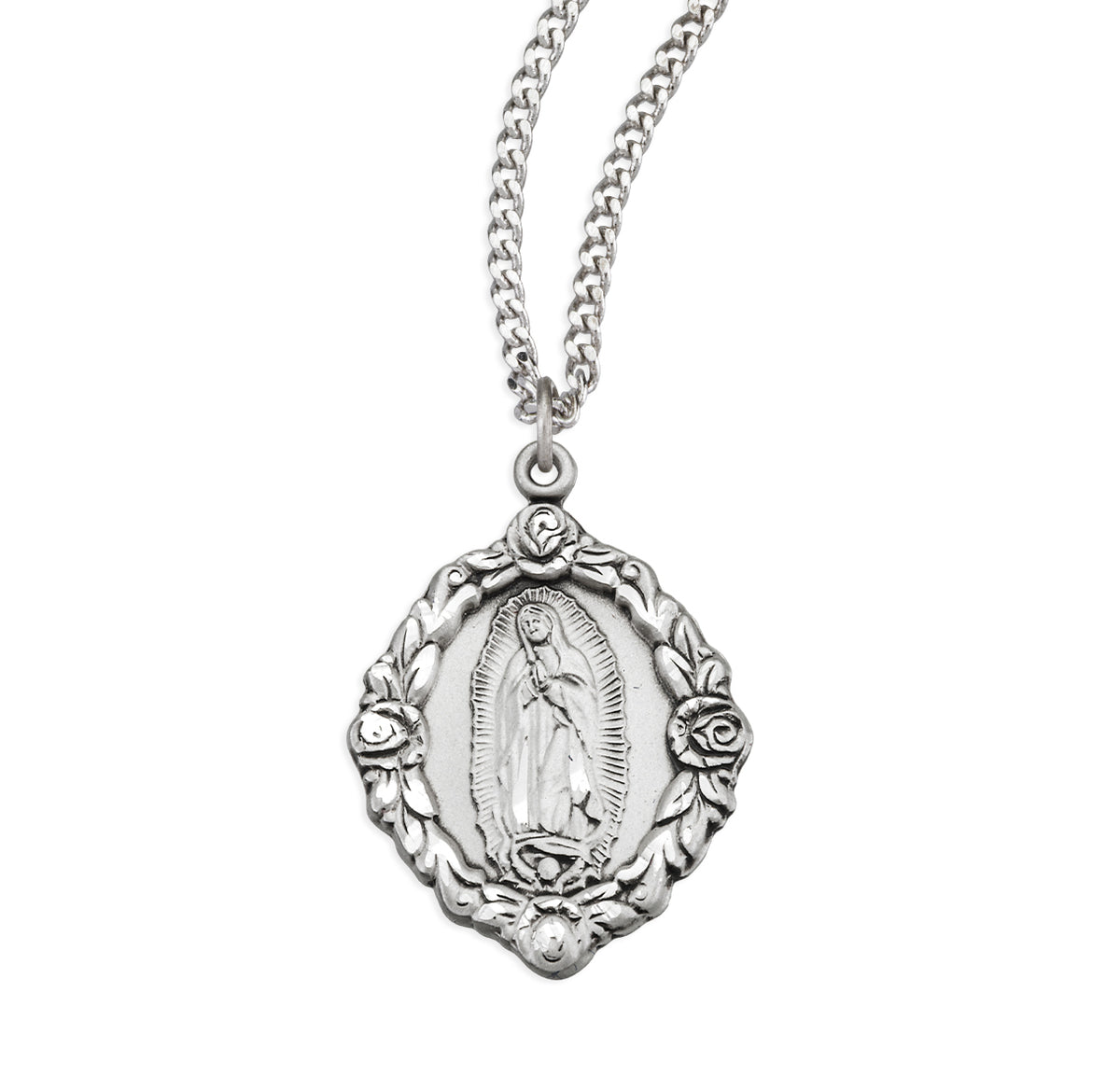 Lightweight Large Our Lady of Guadalupe Medal Necklace, Sterling Silver
