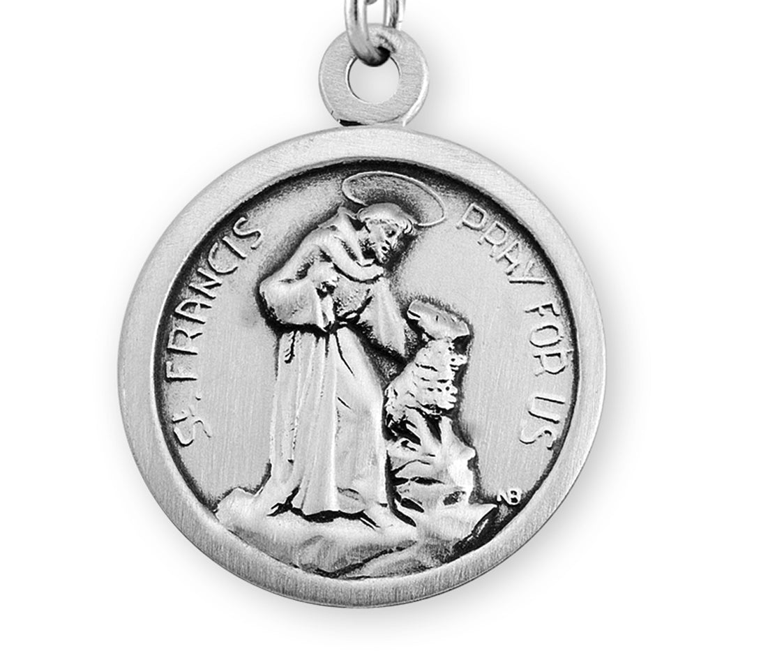 Large Saint Francis of Assisi Round Medal Necklace, Sterling Silver